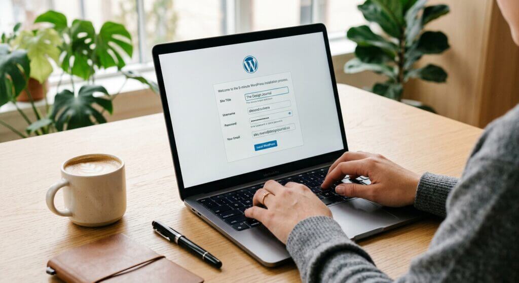 Hände tippen auf einem Laptop, der die WordPress-Anmeldeseite zeigt, daneben eine Tasse Kaffee