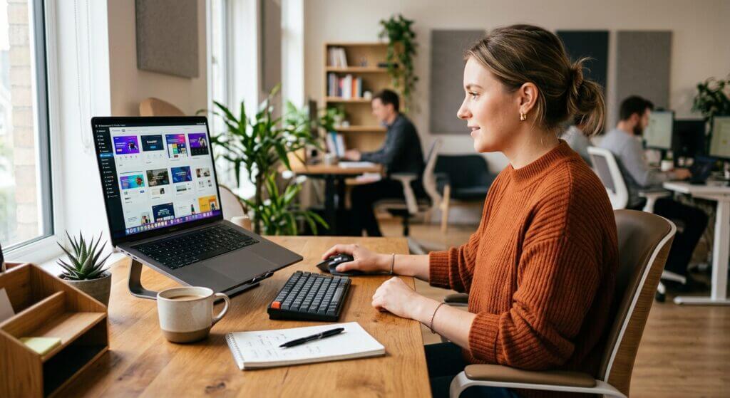 Frau am Schreibtisch betrachtet auf ihrem Laptop verschiedene Website-Designs