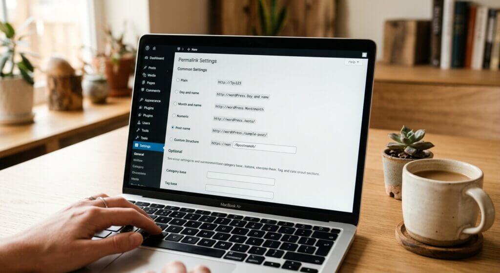 Laptop mit geöffneten WordPress-Einstellungen auf einem Holzschreibtisch, daneben eine Tasse