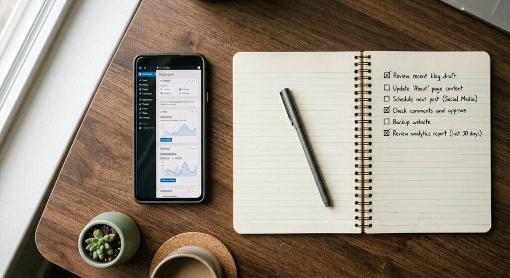 Smartphone mit Statistik-App neben einem Notizbuch mit abgehakter To-do-Liste