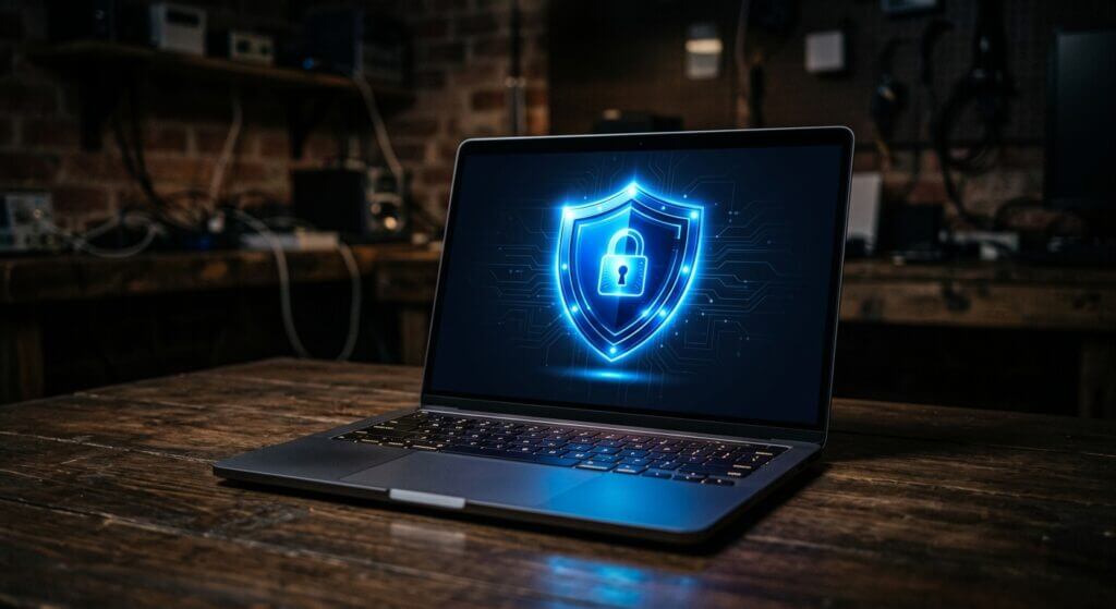 Laptop in einem dunklen Raum, auf dem Bildschirm leuchtet ein blaues Schild mit Schloss als Sicherheitssymbol