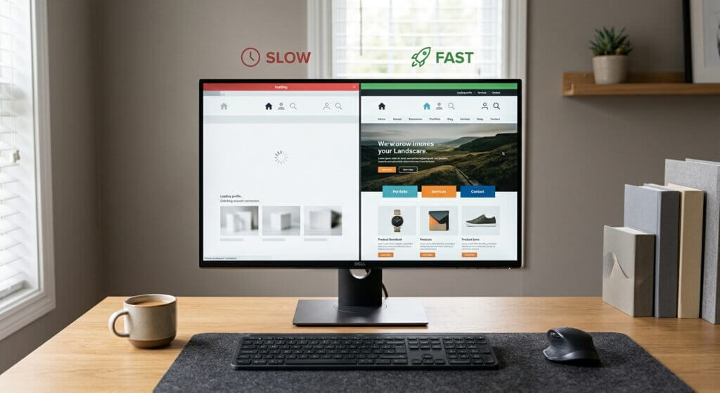 Monitor mit zwei Versionen einer Website im Vergleich: links langsam, rechts schnell geladen
