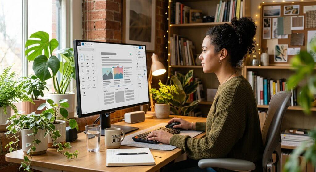 Frau arbeitet an einem Monitor mit geöffnetem Website-Backend in einem Arbeitszimmer voller Pflanzen