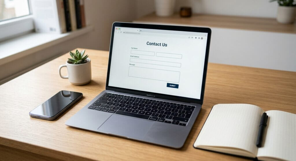 Laptop mit einem Kontaktformular auf dem Bildschirm, daneben Smartphone und Notizbuch