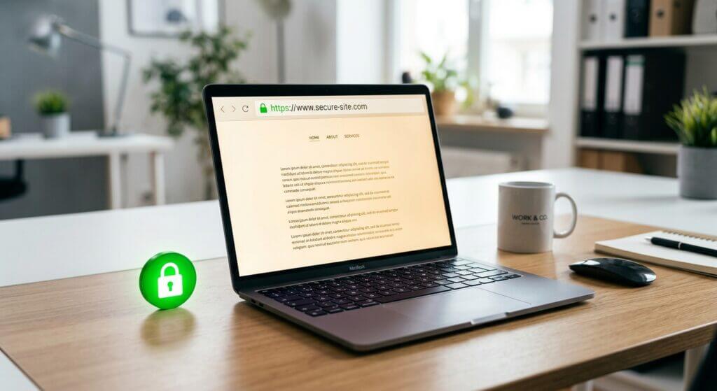 Laptop mit Website im Browser, davor ein grünes Schloss-Symbol für eine sichere HTTPS-Verbindung