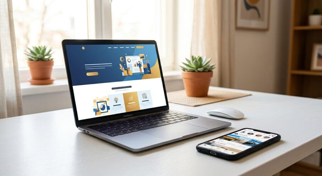 Laptop und Smartphone auf einem hellen Schreibtisch, beide zeigen eine moderne Unternehmens-Website