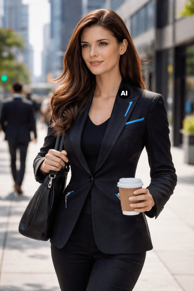 Kira Jarvis geht mit Kaffeebecher durch die Stadt, COO